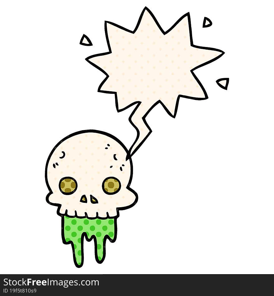 cartoon spooky halloween skull and speech bubble in comic book style