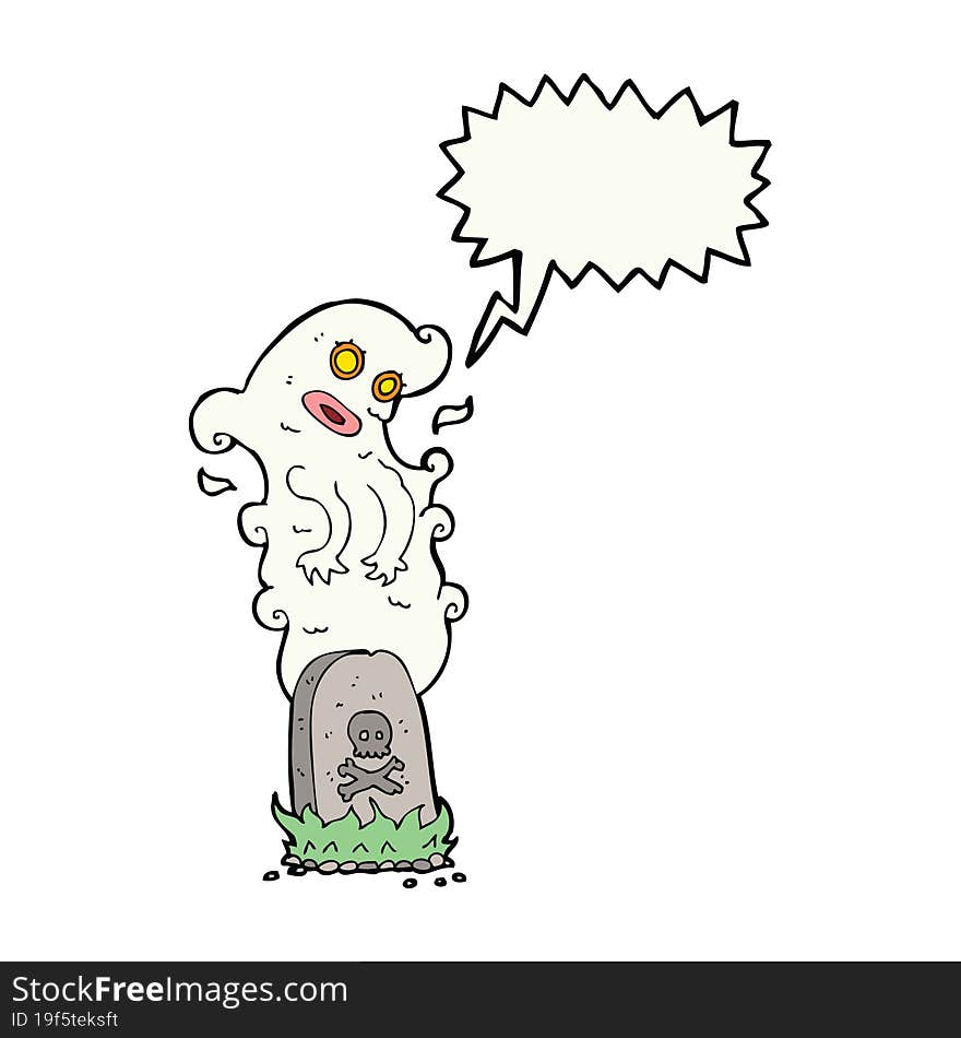 cartoon ghost rising from grave with speech bubble