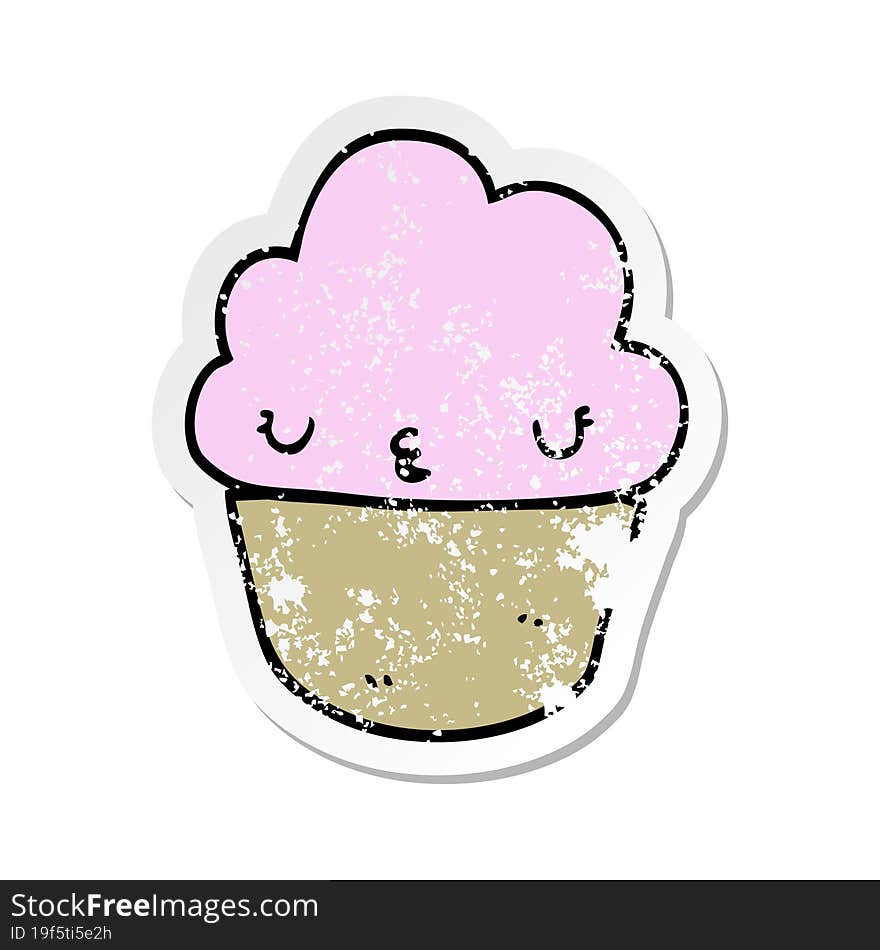 Distressed Sticker Of A Cartoon Cupcake With Face