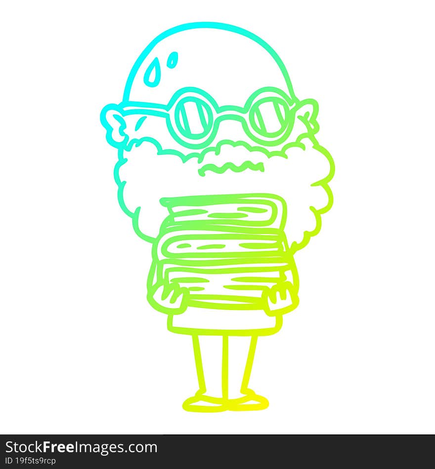 Cold Gradient Line Drawing Cartoon Worried Man With Beard And Stack Of Books