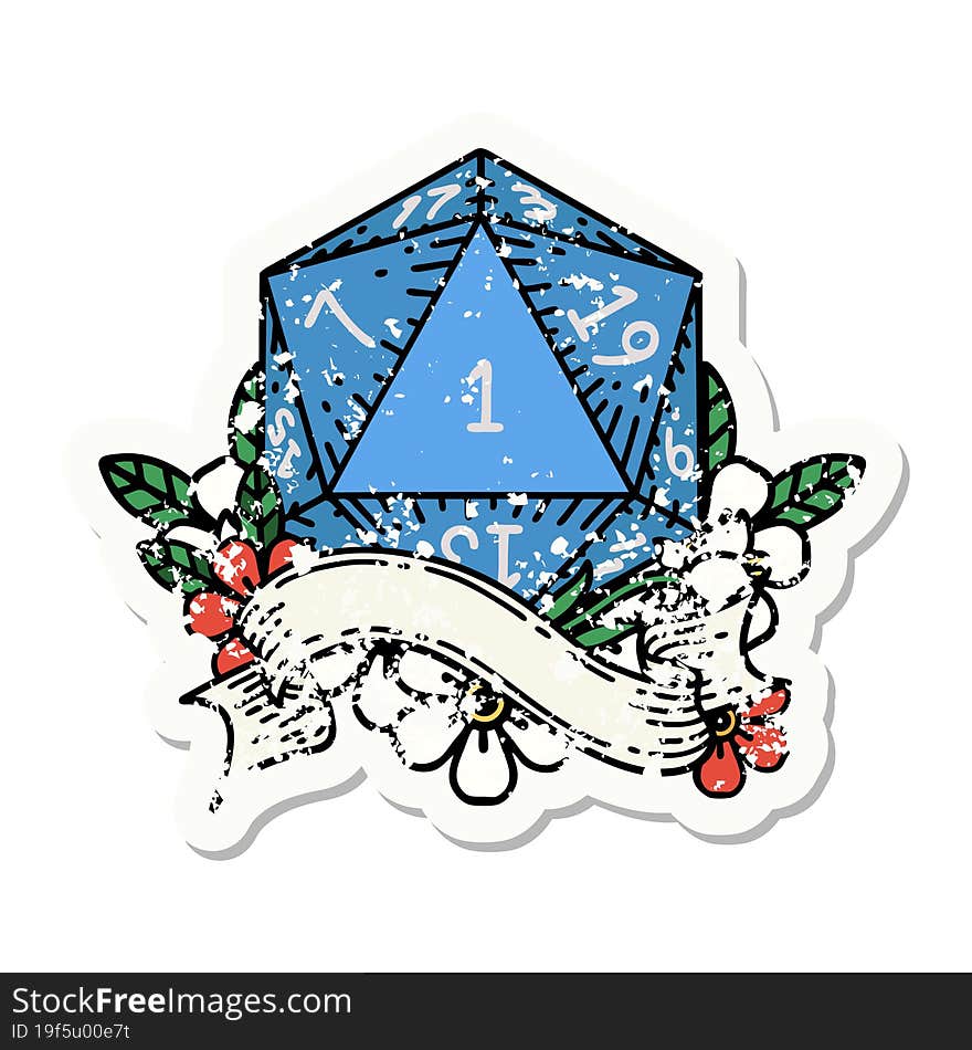 grunge sticker of a natural one d20 dice roll. grunge sticker of a natural one d20 dice roll