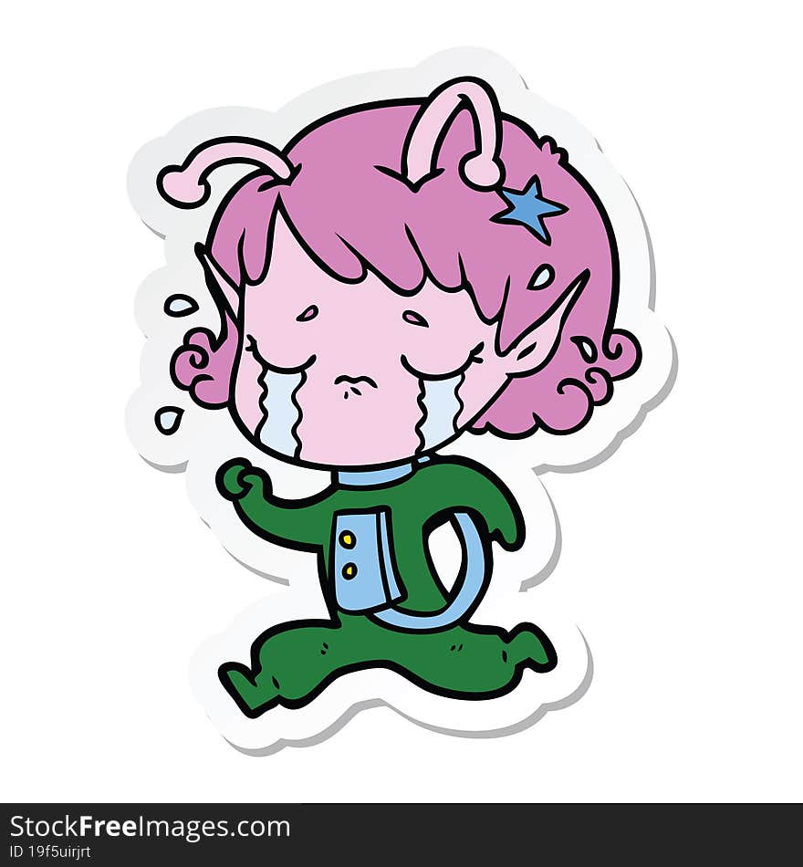 sticker of a cartoon crying alien girl