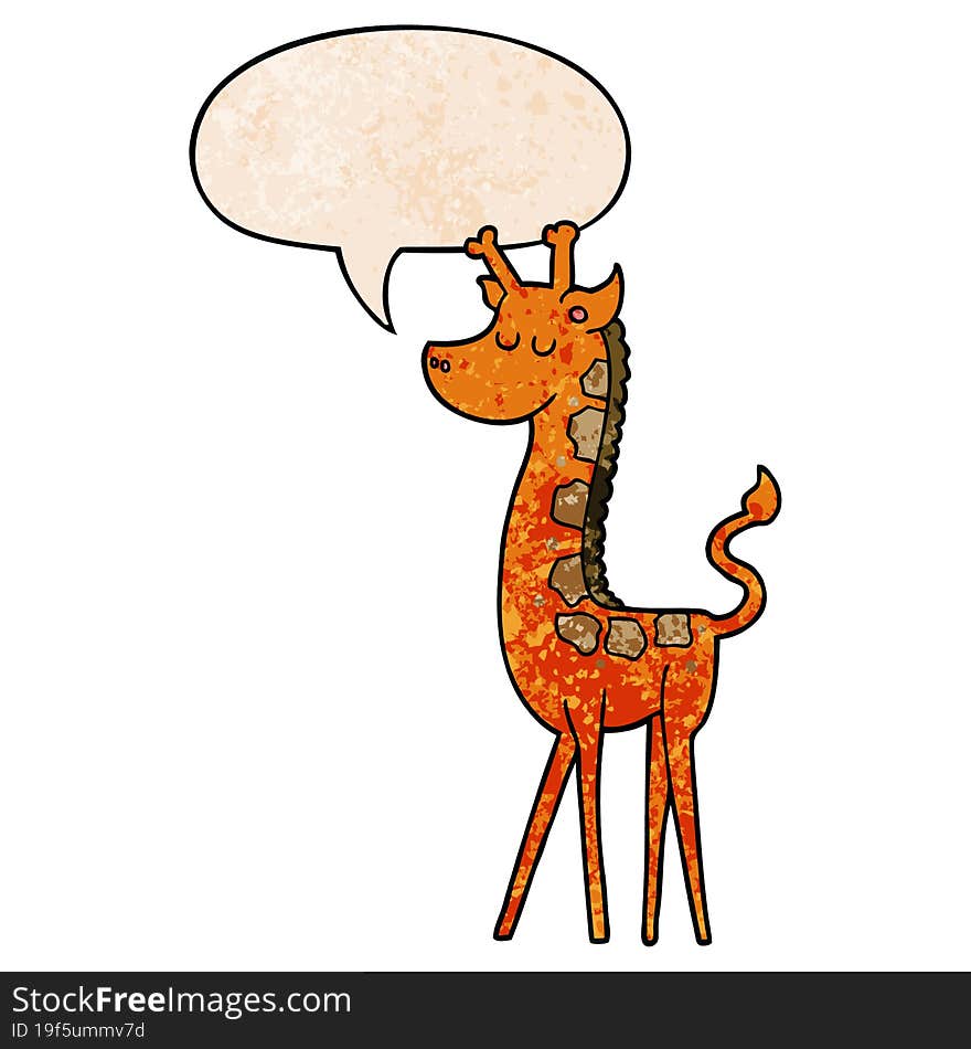cartoon giraffe with speech bubble in retro texture style