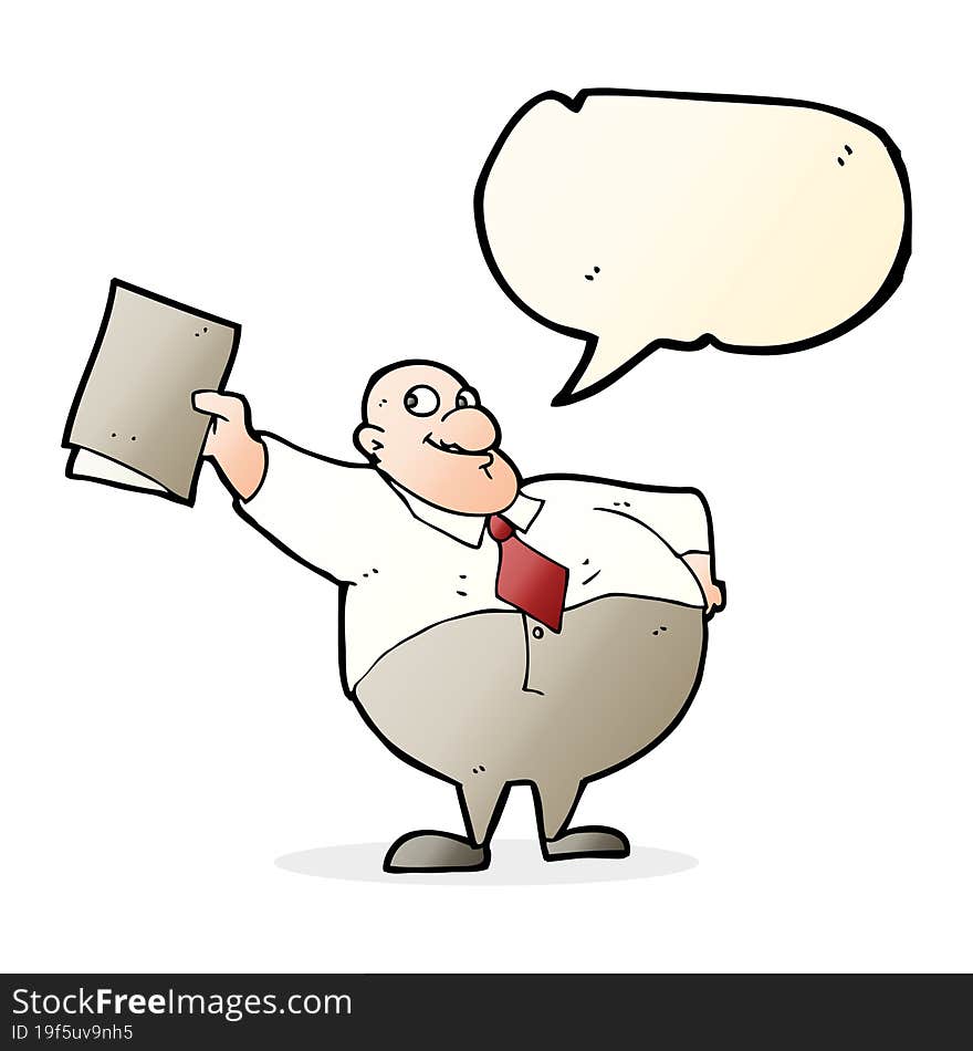 cartoon happy boss with file with speech bubble