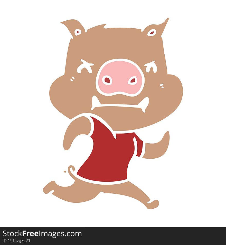 angry flat color style cartoon pig running