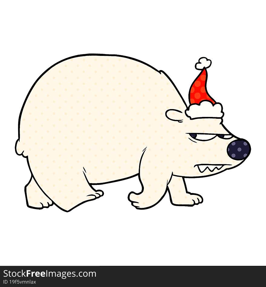 comic book style illustration of a angry polar bear wearing santa hat