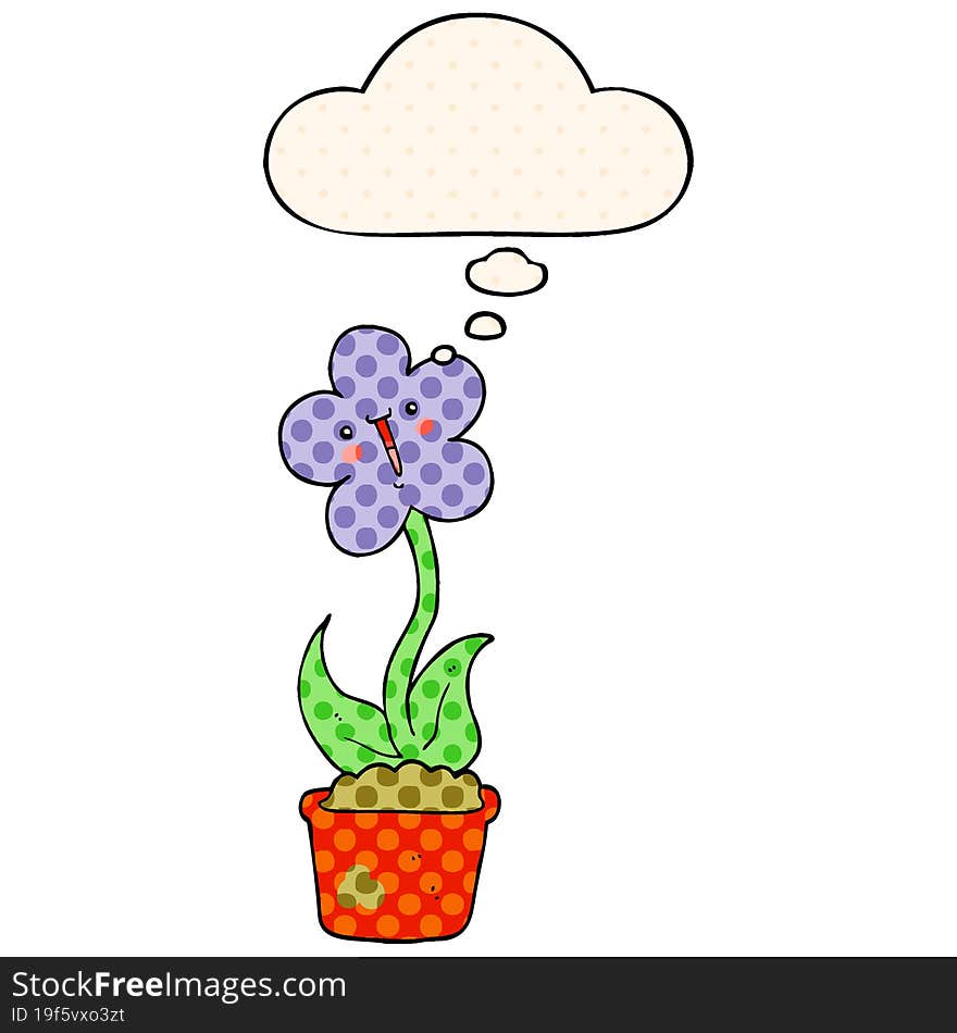 cute cartoon flower and thought bubble in comic book style