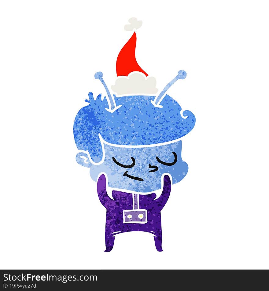 shy retro cartoon of a spaceman wearing santa hat