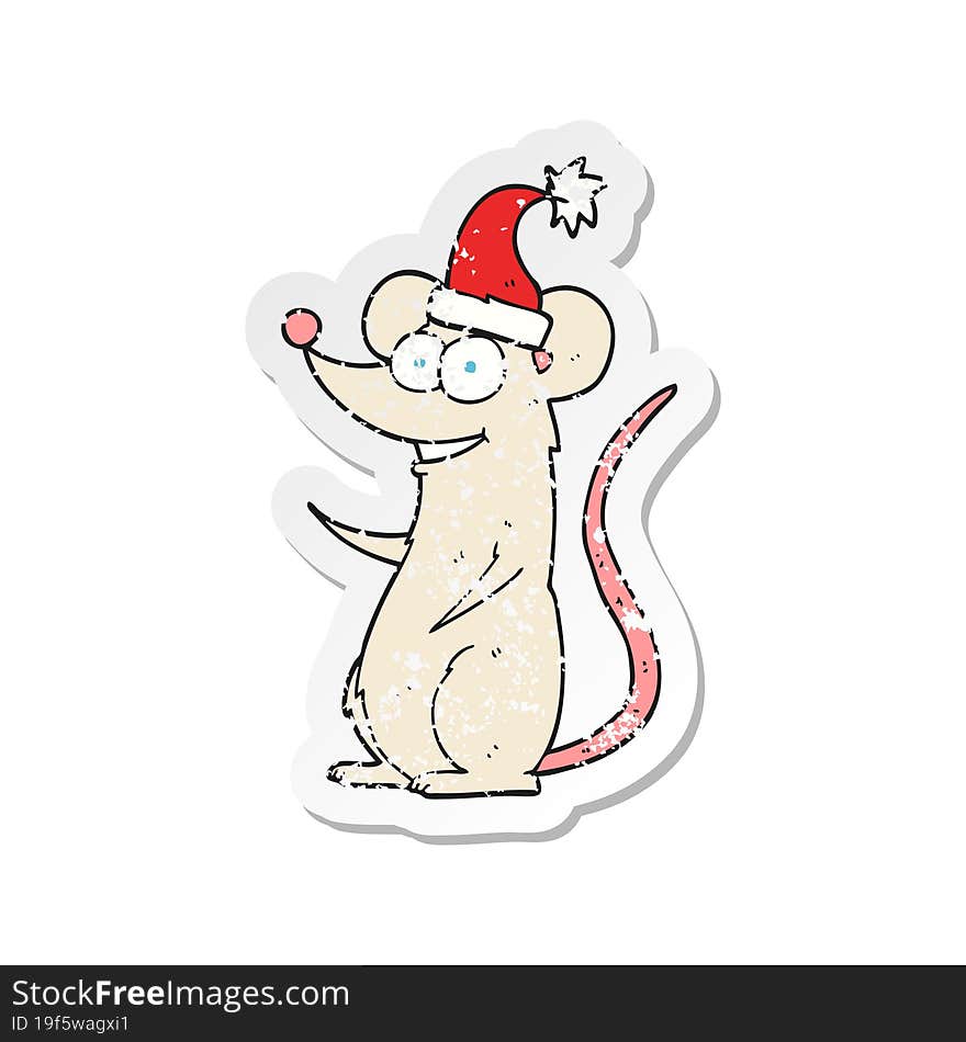 retro distressed sticker of a cartoon mouse wearing christmas hat