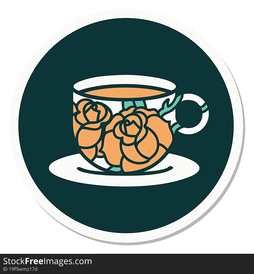 Tattoo Style Sticker Of A Cup And Flowers