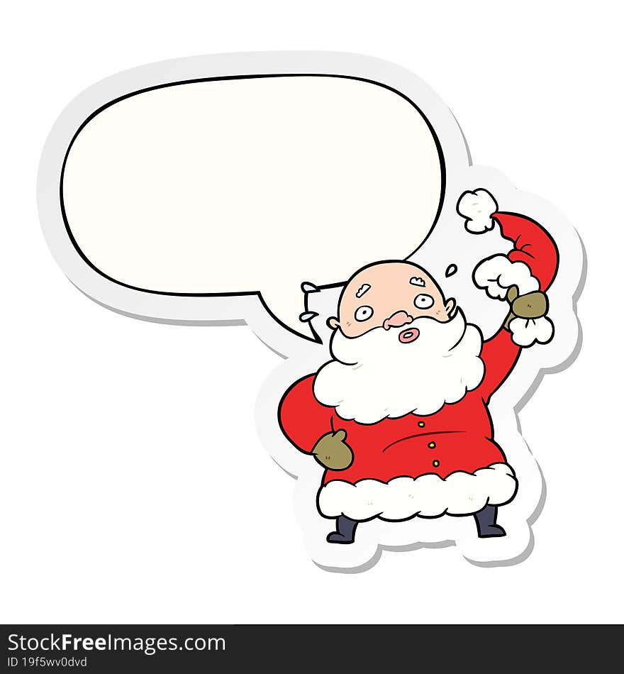 Cartoon Santa Claus Waving His Hat And Speech Bubble Sticker