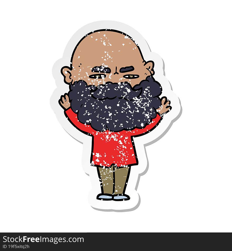 distressed sticker of a cartoon man with beard frowning