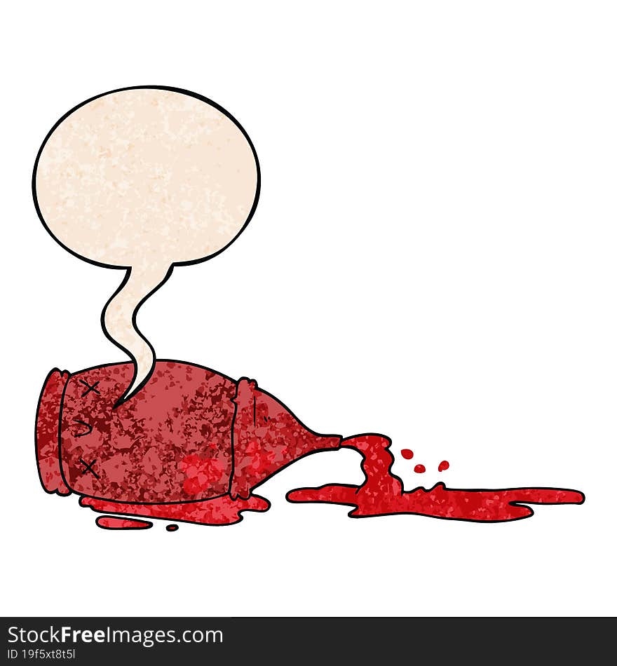 cartoon spilled bottle and speech bubble in retro texture style