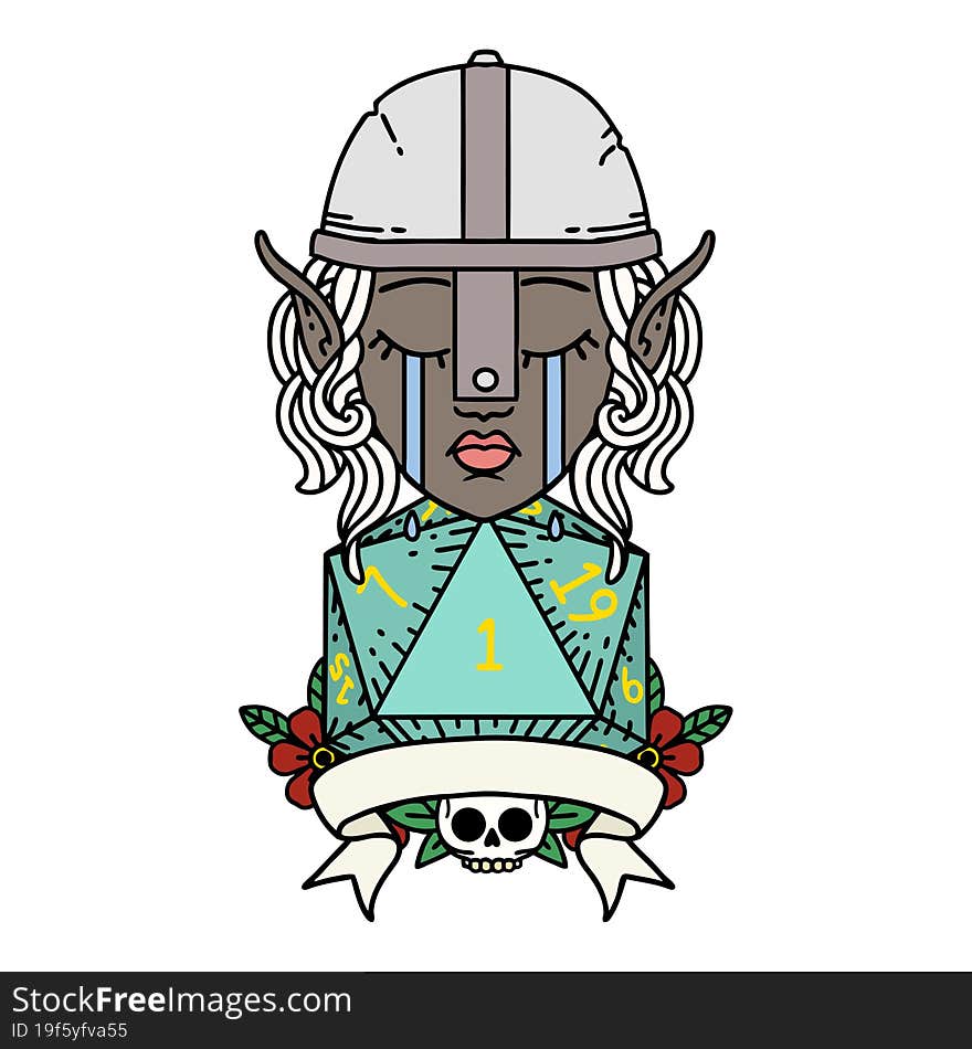 crying elf fighter character face with natural one D20 roll illustration