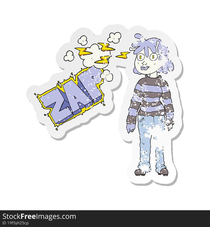 retro distressed sticker of a cartoon casual alien girl using telepathy