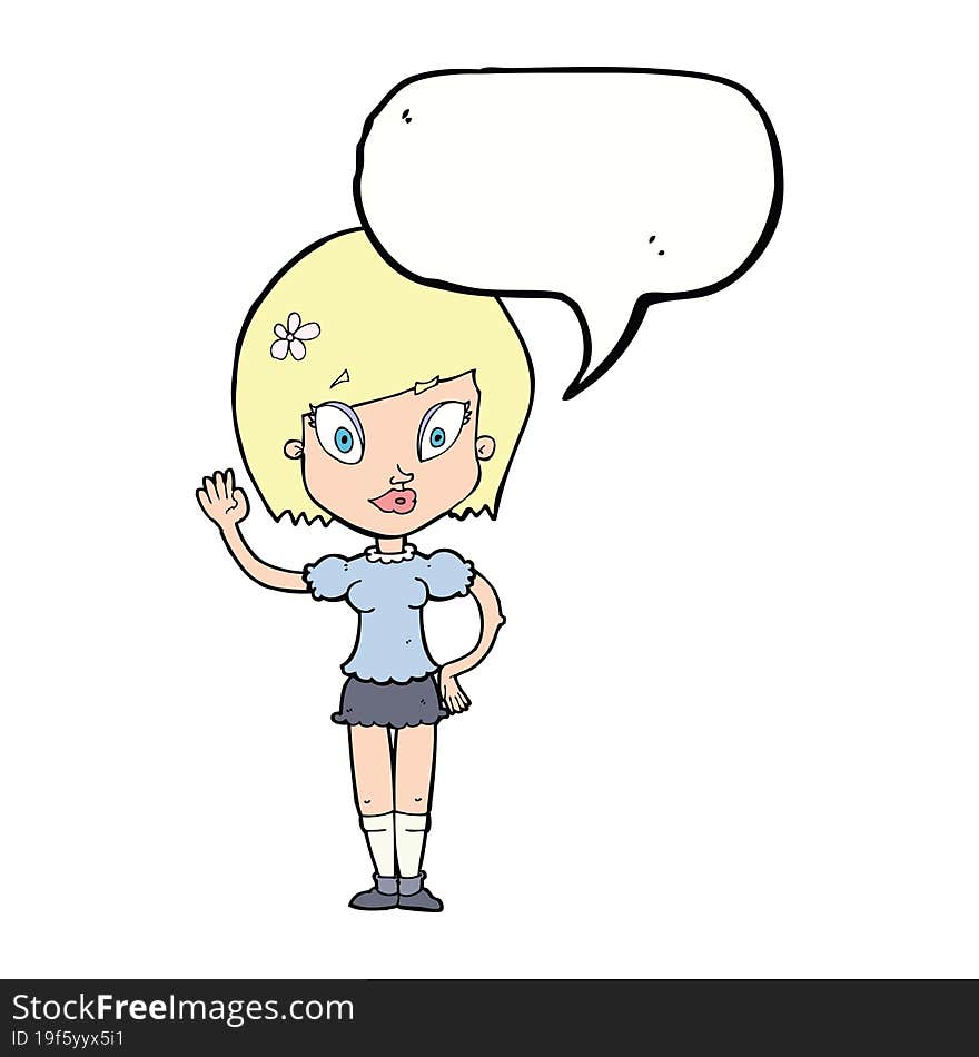 cartoon pretty girl waving with speech bubble