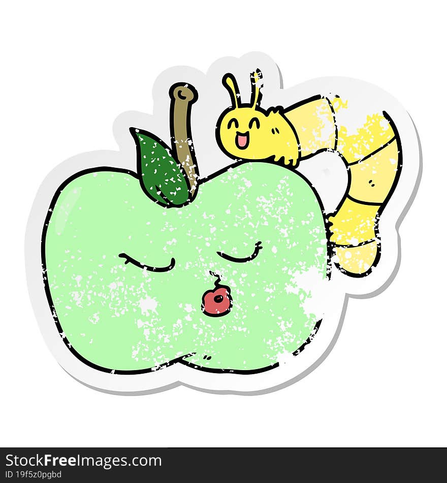 Distressed Sticker Of A Cartoon Pretty Apple And Bug