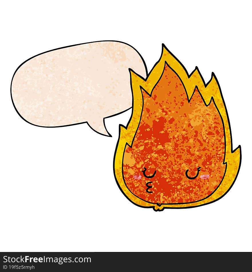 cute cartoon fire and speech bubble in retro texture style