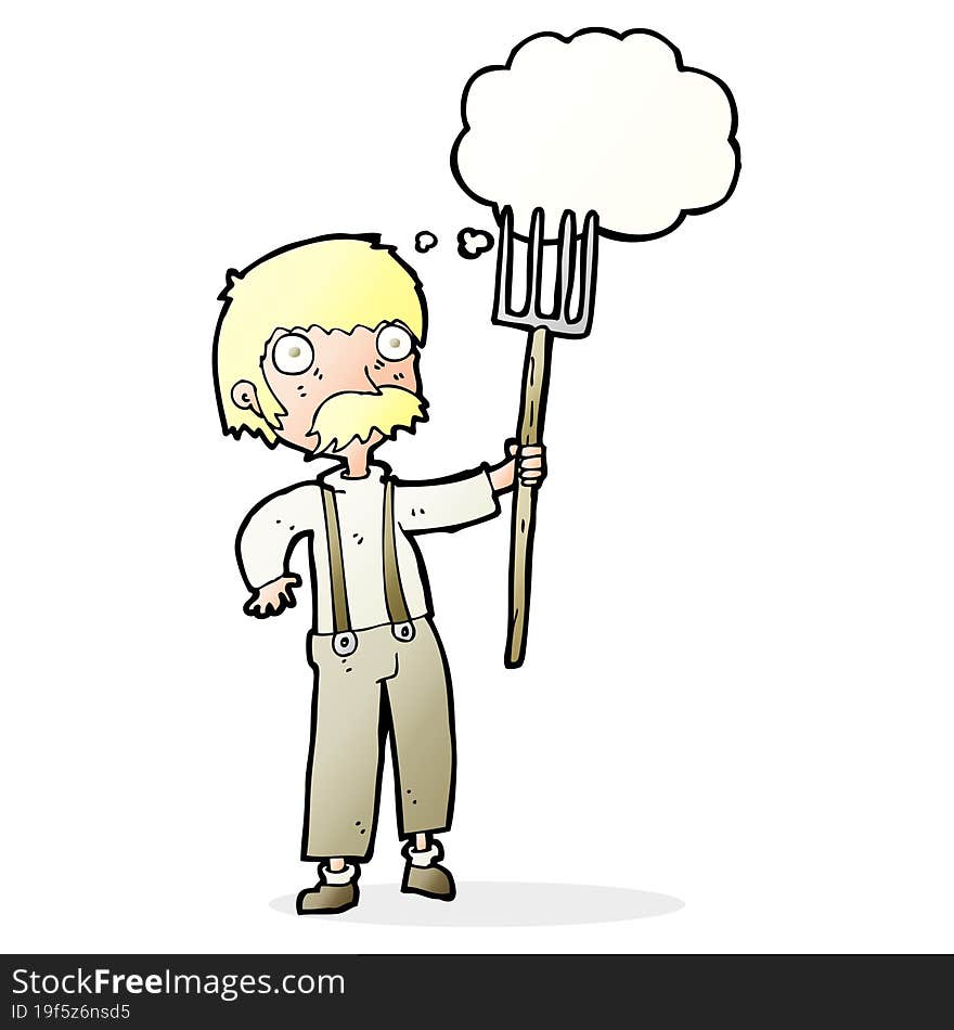 cartoon farmer with pitchfork with thought bubble