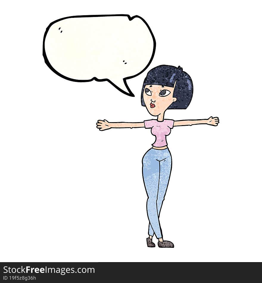 speech bubble textured cartoon woman spreading arms