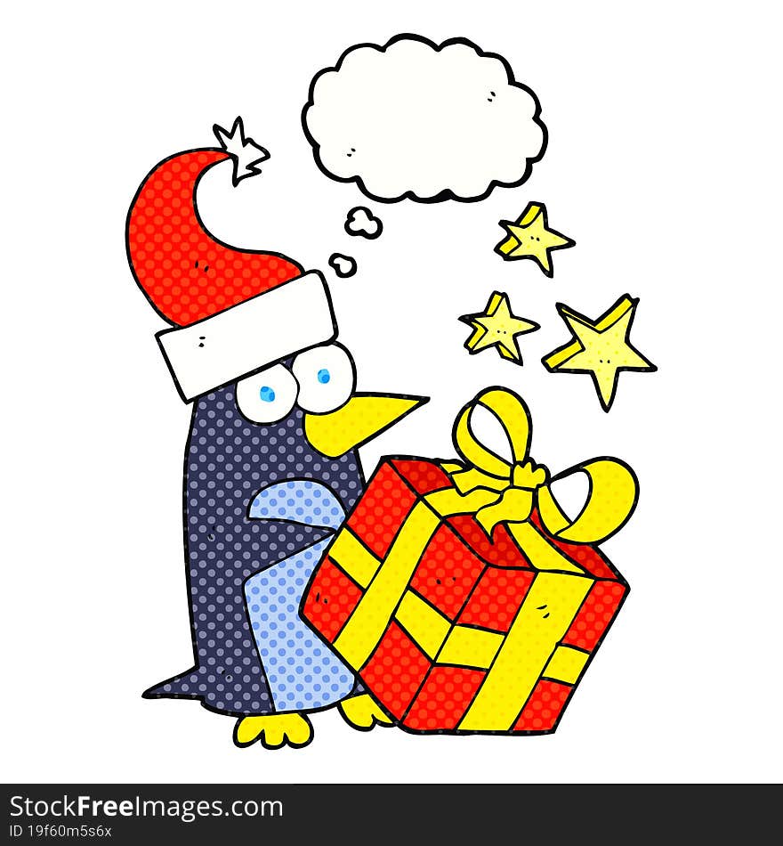 thought bubble cartoon christmas penguin with present