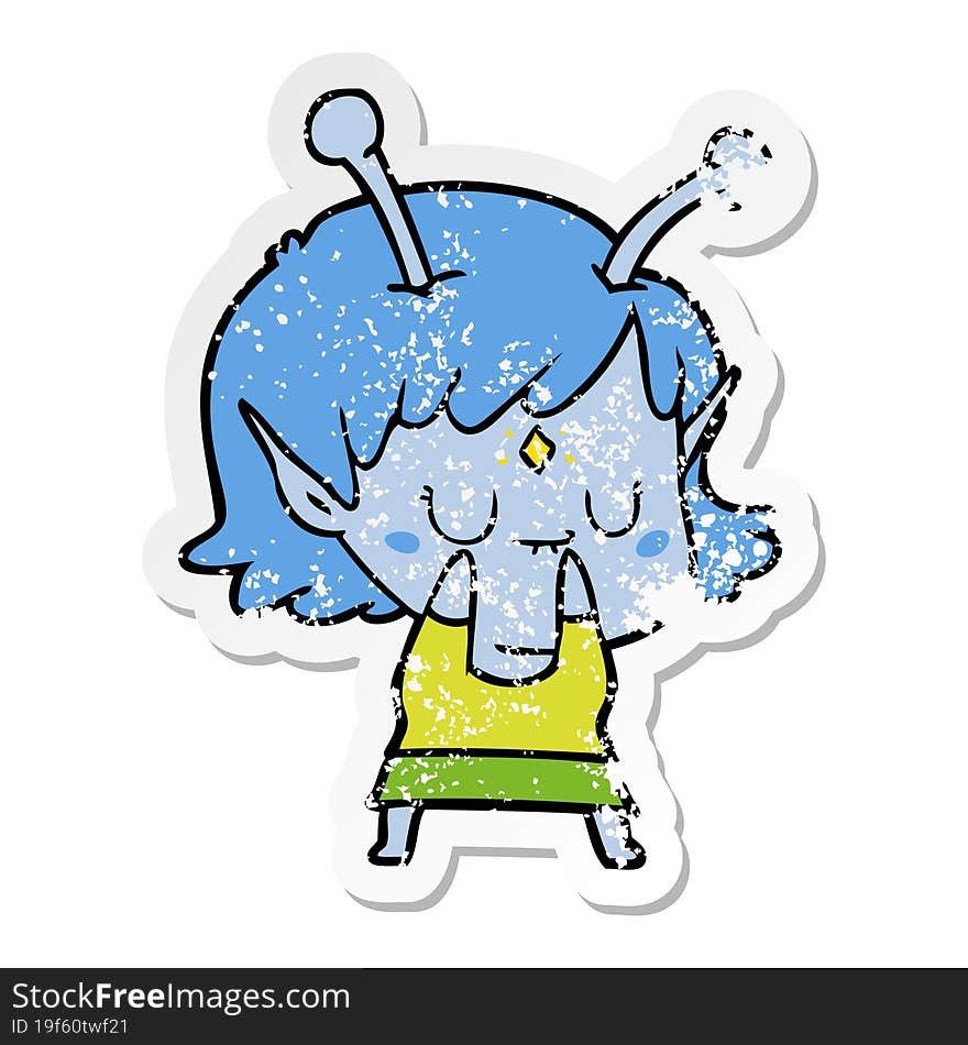 distressed sticker of a cartoon alien girl