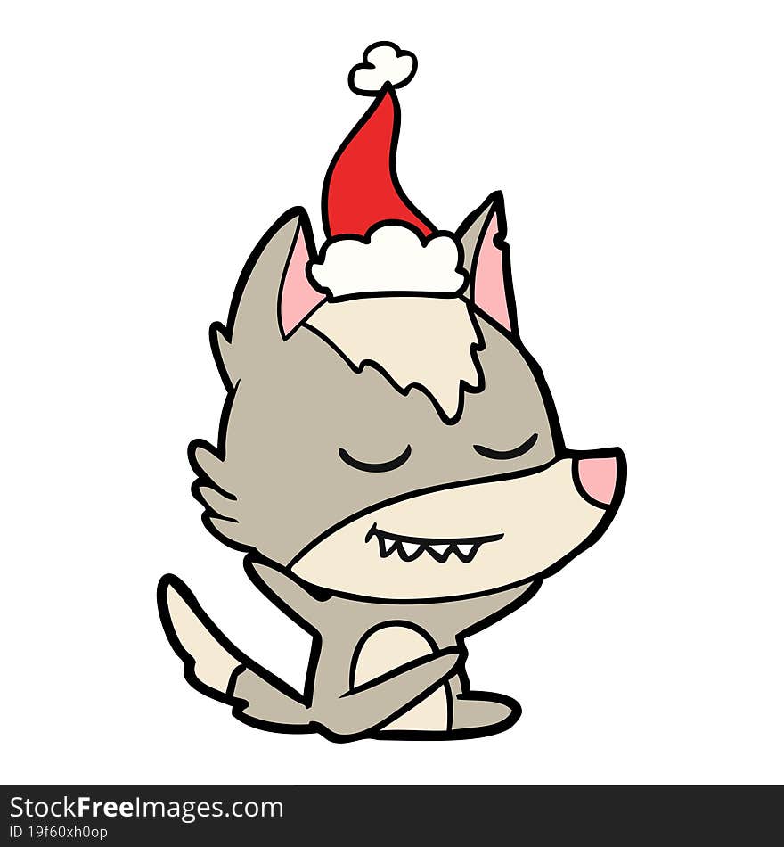 friendly line drawing of a wolf sitting wearing santa hat