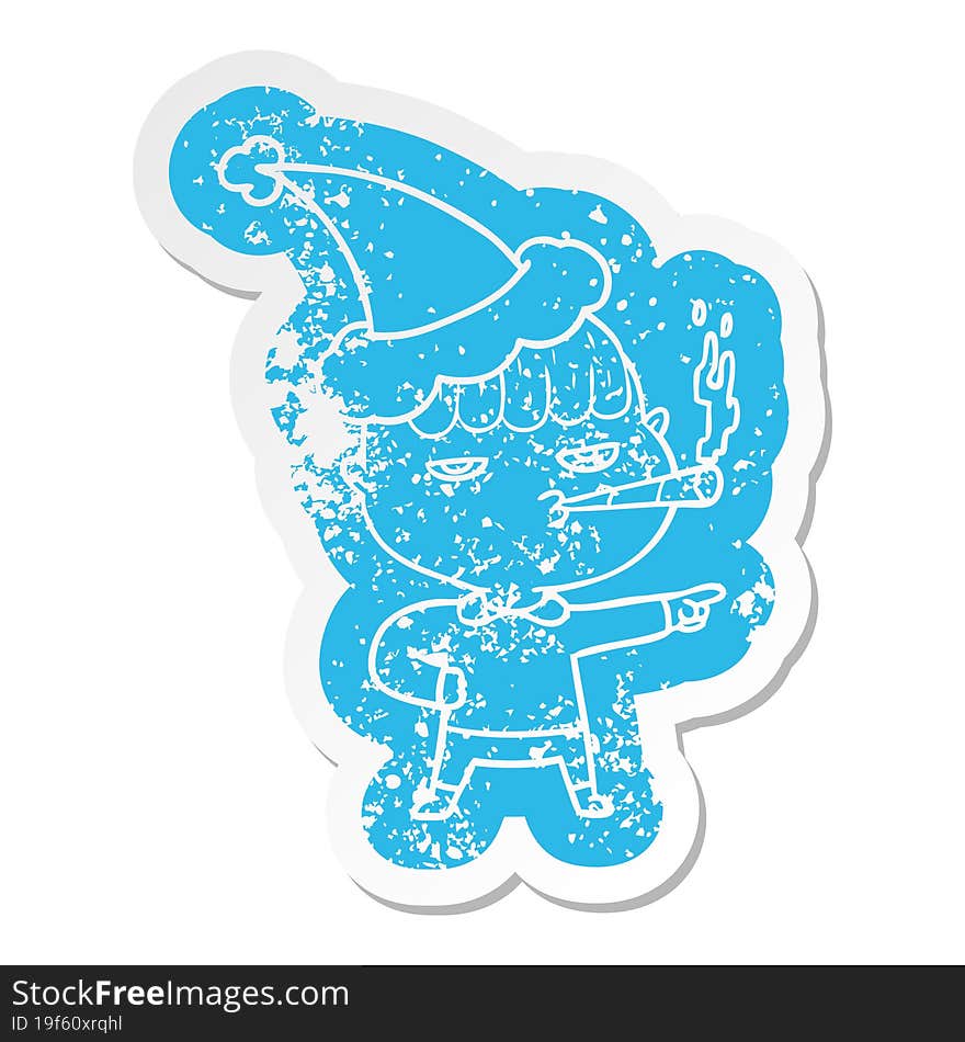 cartoon distressed sticker of a man smoking wearing santa hat