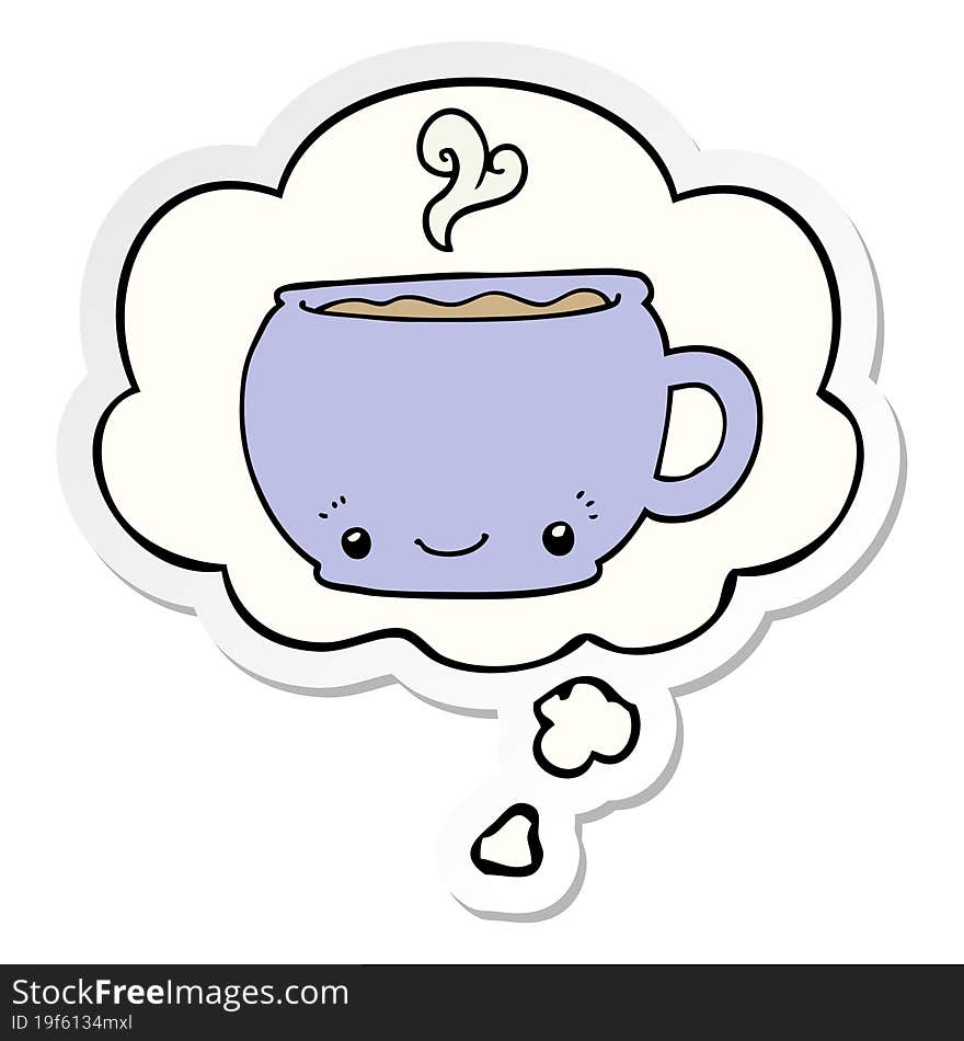 cartoon hot cup of coffee and thought bubble as a printed sticker