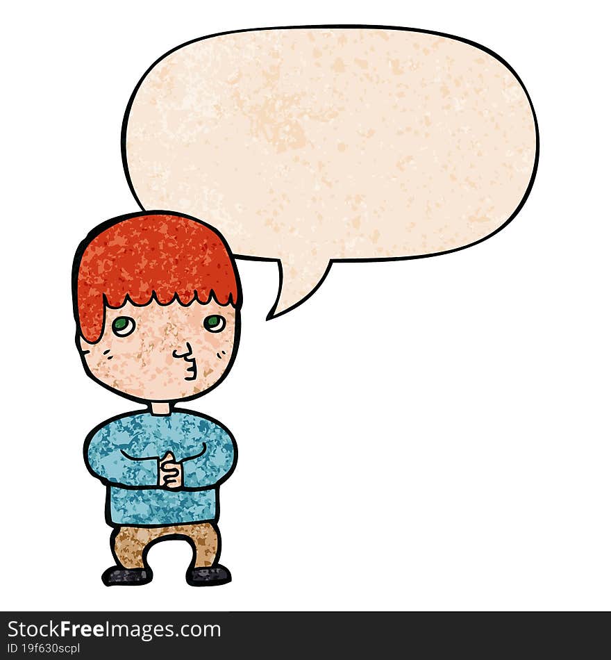 cartoon man thinking and speech bubble in retro texture style