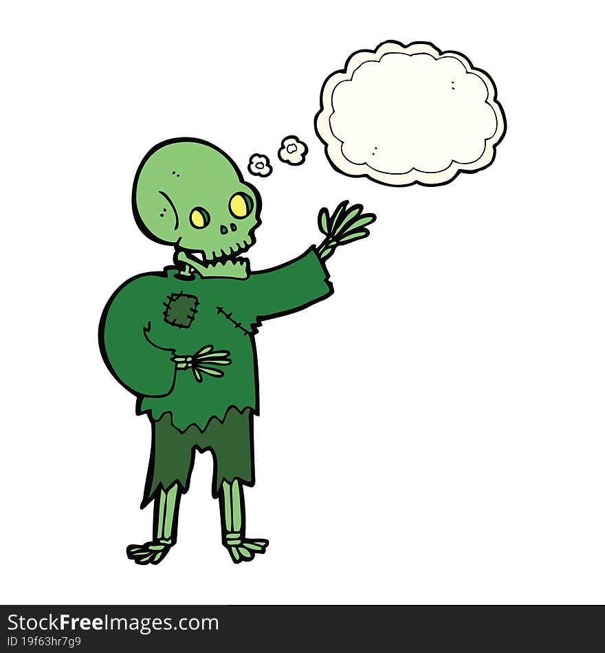 cartoon skeleton waving with thought bubble