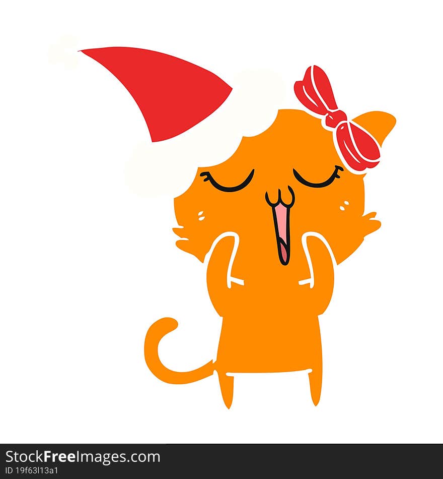 flat color illustration of a cat wearing santa hat