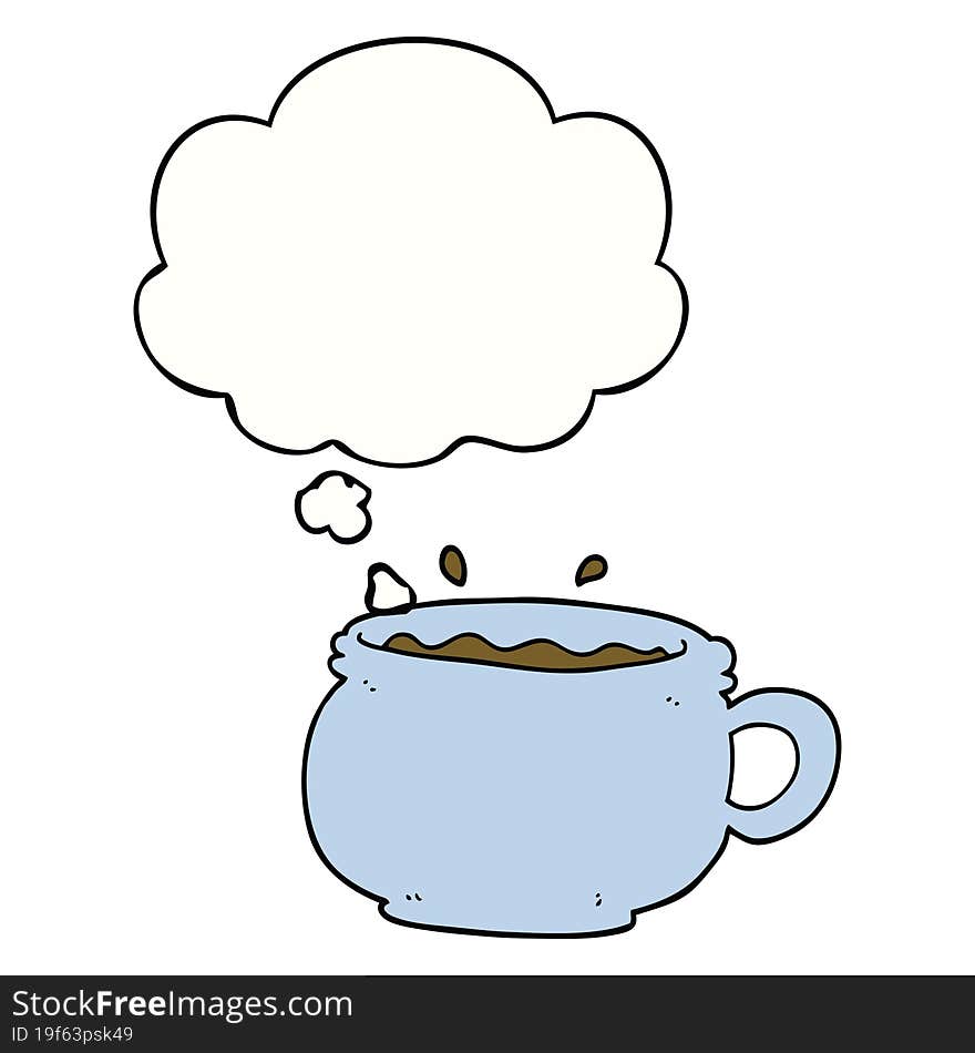 cartoon hot cup of coffee and thought bubble