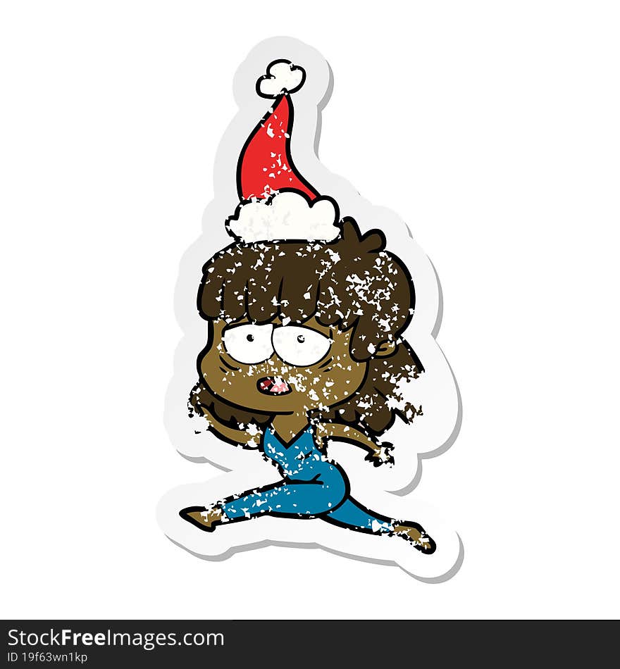 Distressed Sticker Cartoon Of A Tired Woman Wearing Santa Hat