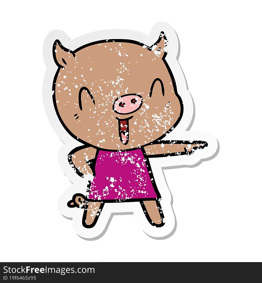 Distressed Sticker Of A Happy Cartoon Pig In Dress