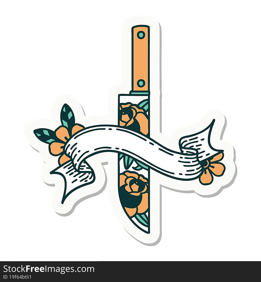 tattoo style sticker with banner of a dagger and flowers