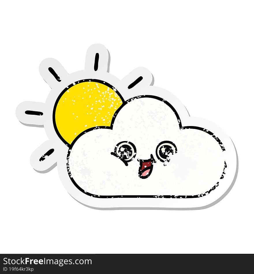 distressed sticker of a cute cartoon cloud and sunshine