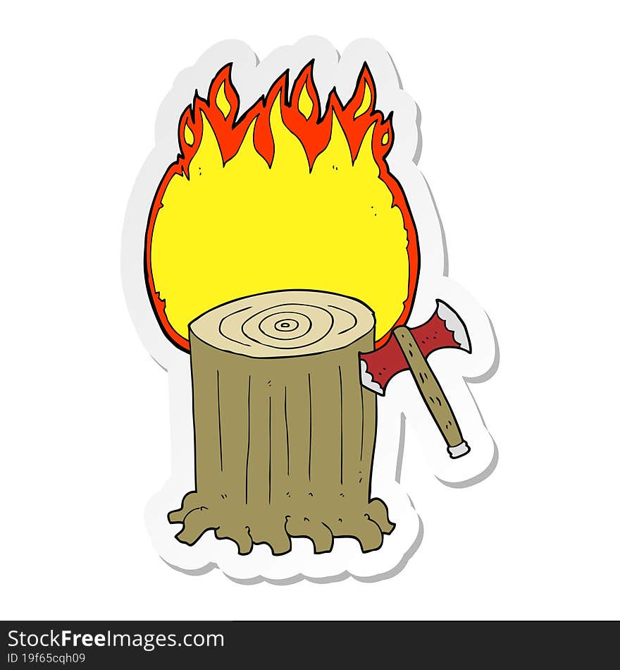 sticker of a cartoon tree stump and axe