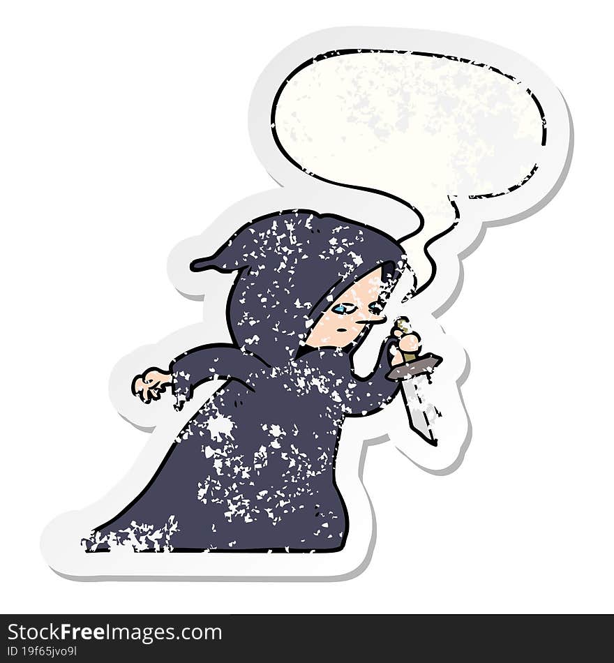 Cartoon Assassin In Dark Robe And Speech Bubble Distressed Sticker