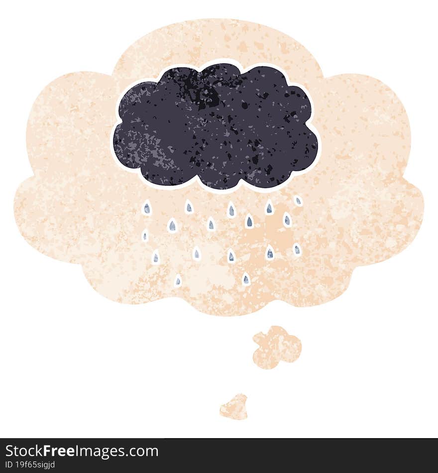 Cartoon Cloud Raining And Thought Bubble In Retro Textured Style