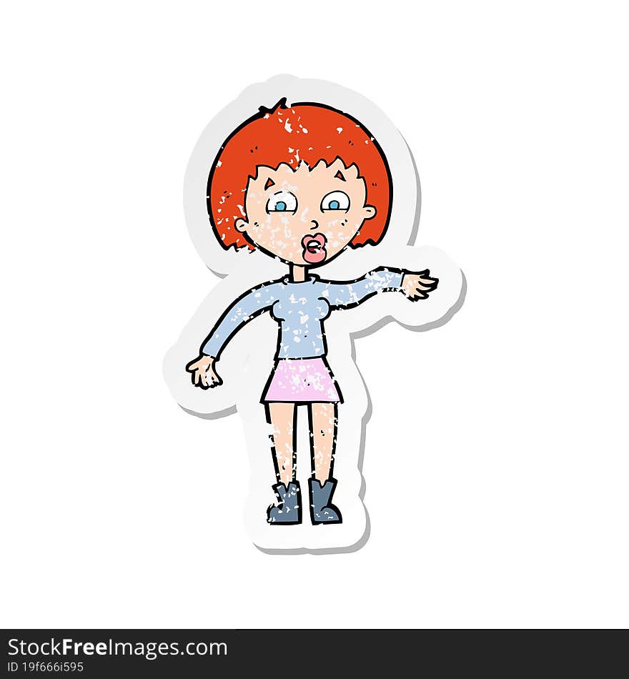 retro distressed sticker of a cartoon surprised woman