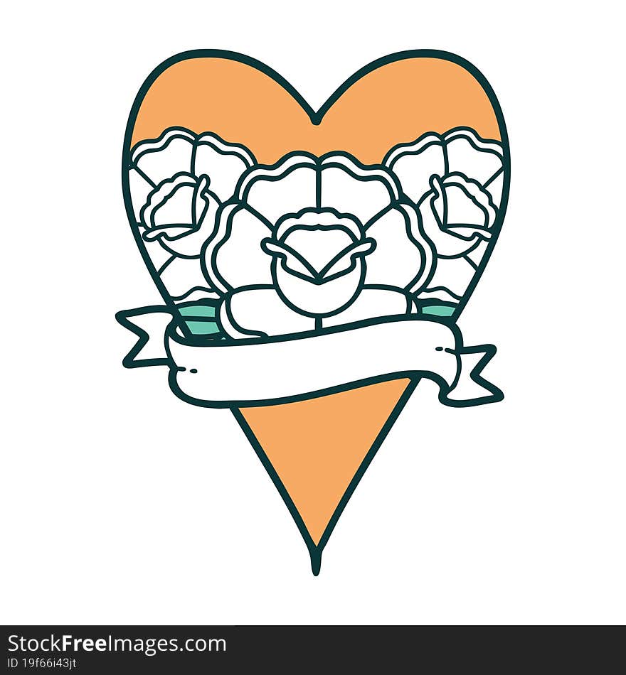 Tattoo Style Icon Of A Heart And Banner With Flowers