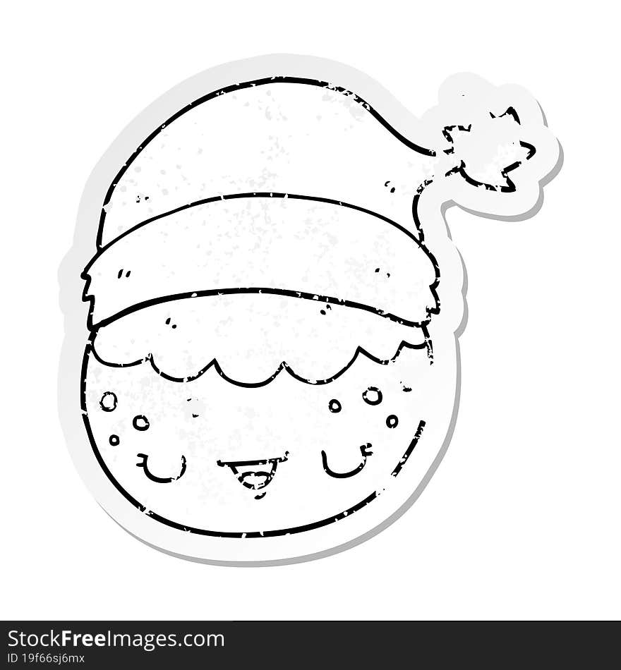 Distressed Sticker Of A Cartoon Christmas Pudding Wearing Santa Hat