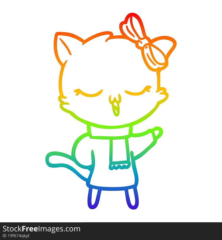 rainbow gradient line drawing cartoon cat with bow on head