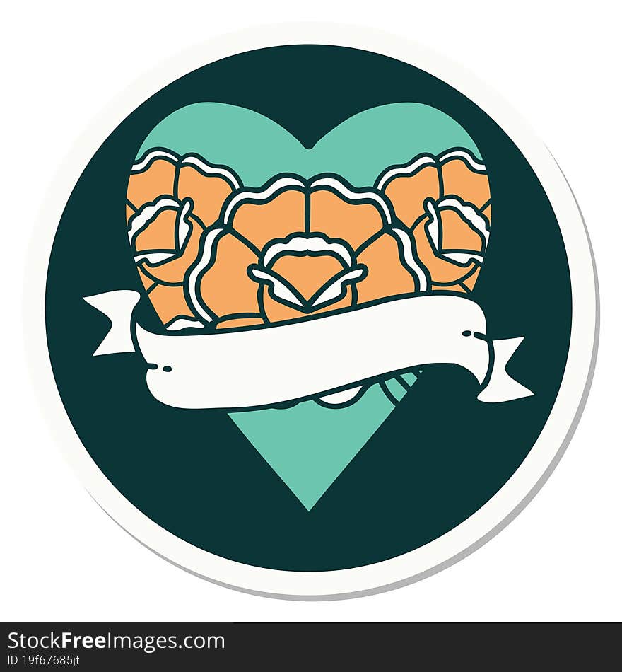 sticker of tattoo in traditional style of a heart and banner with flowers. sticker of tattoo in traditional style of a heart and banner with flowers