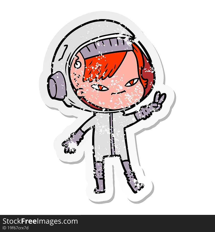 distressed sticker of a cartoon astronaut woman