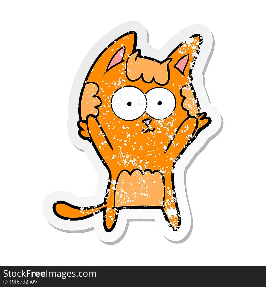 distressed sticker of a happy cartoon cat