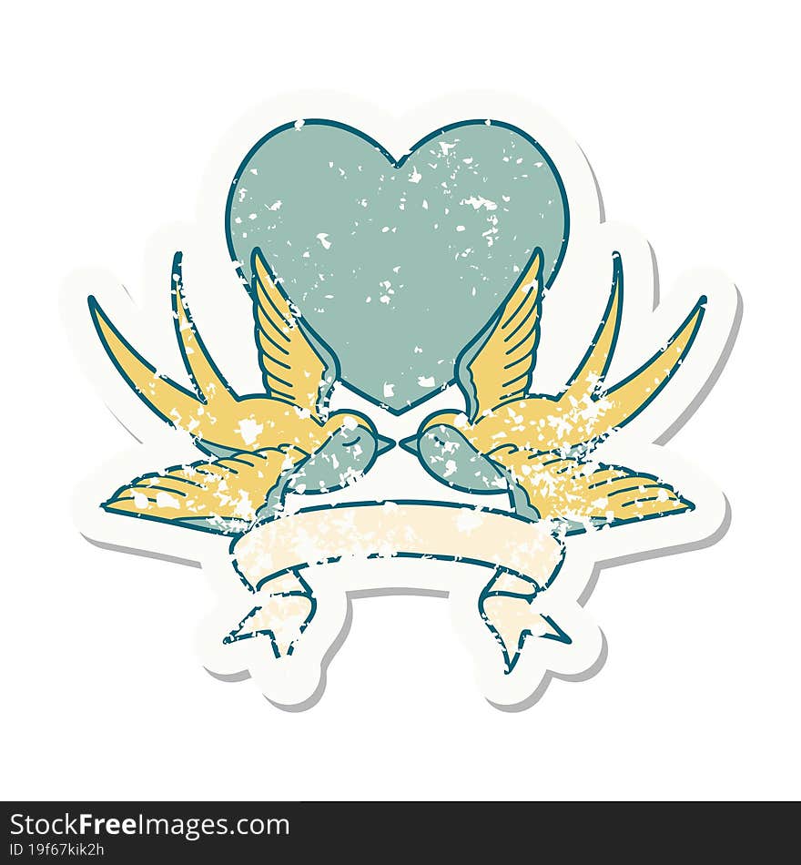 grunge sticker with banner of a swallows and a heart