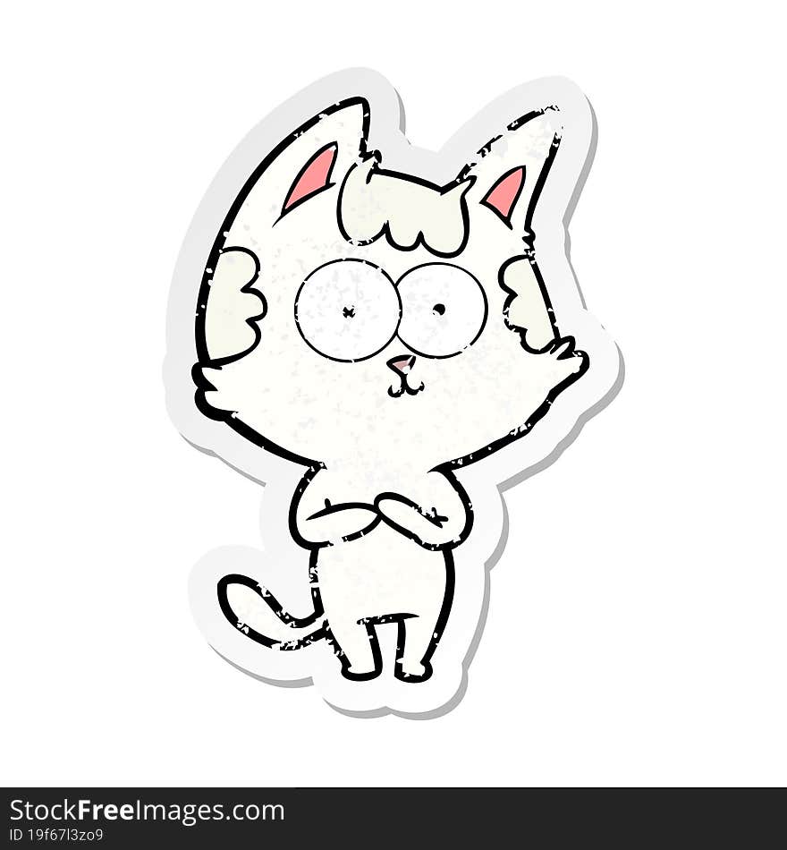 distressed sticker of a happy cartoon cat