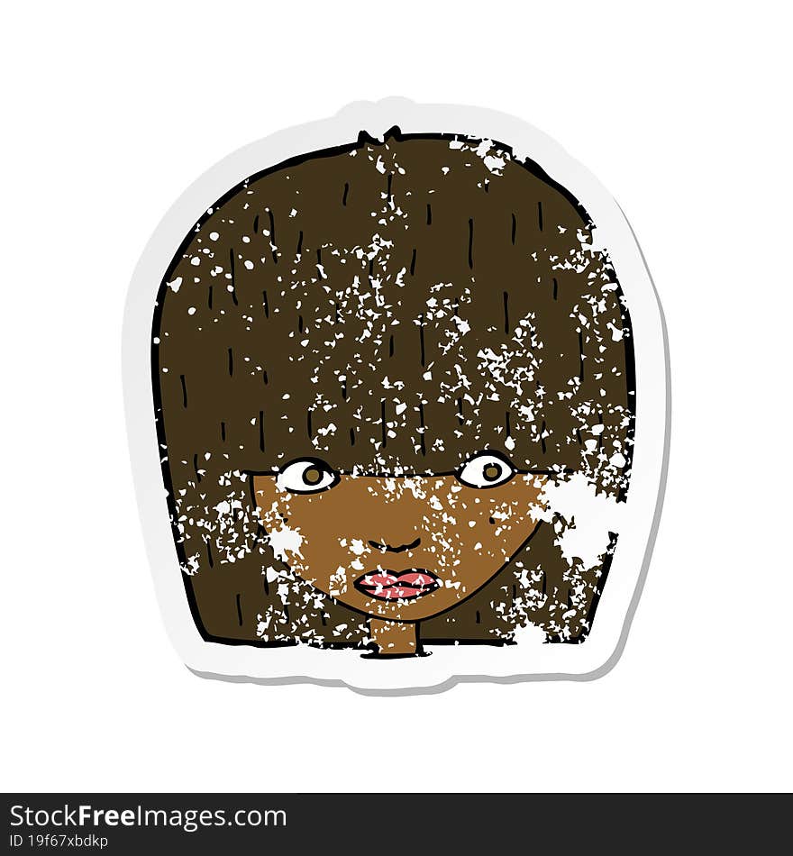 retro distressed sticker of a cartoon staring woman